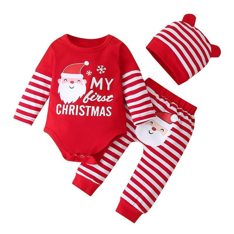 Autumn Baby Christmas Long Sleeve Striped Casual 3 Pcs Suit