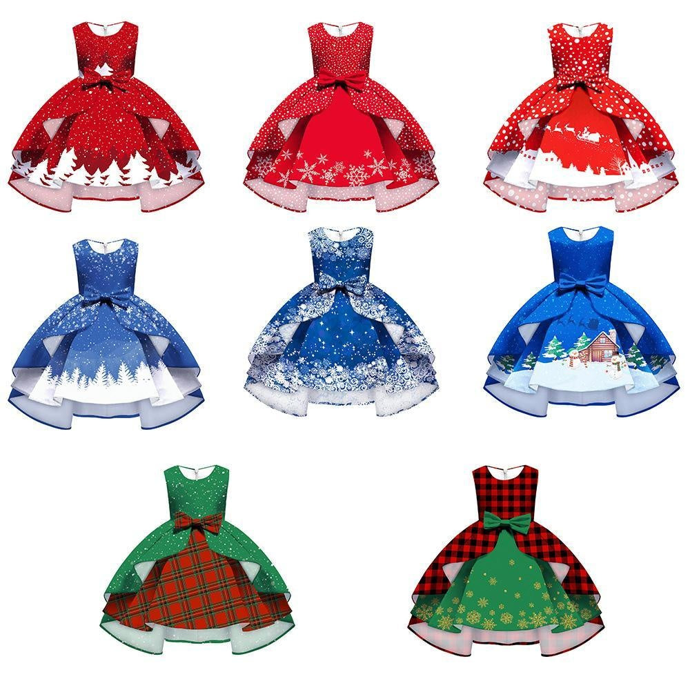 Kids Girl Snowflake Digital Printing Christmas Lovely Sleeveless Princess Dresses - MomyMall