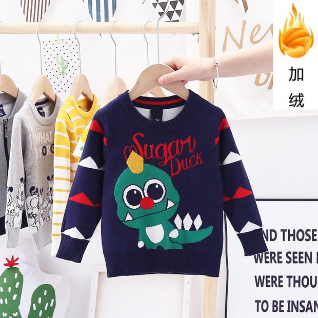 Toddler Kid Boy Sweater Dinosaur Winter Warm Pullover Dinosaur Knitted - MomyMall Velvet Navy / 90cm:1-2years