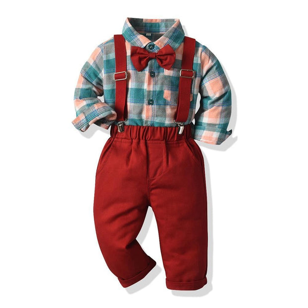 Long Sleeve Plaid Suspender Christmas Baby Boy 2 Pcs Set Suits - MomyMall