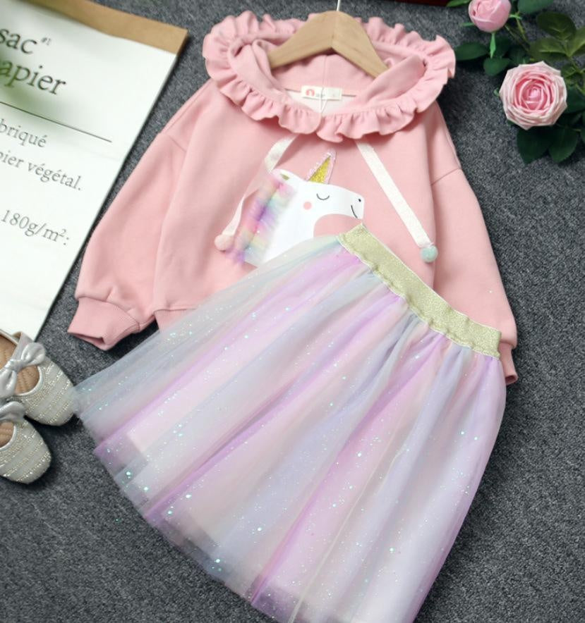 Girls Autumn Fashion Suit Rainbow Unicorn Mesh 2 Pcs Set - MomyMall