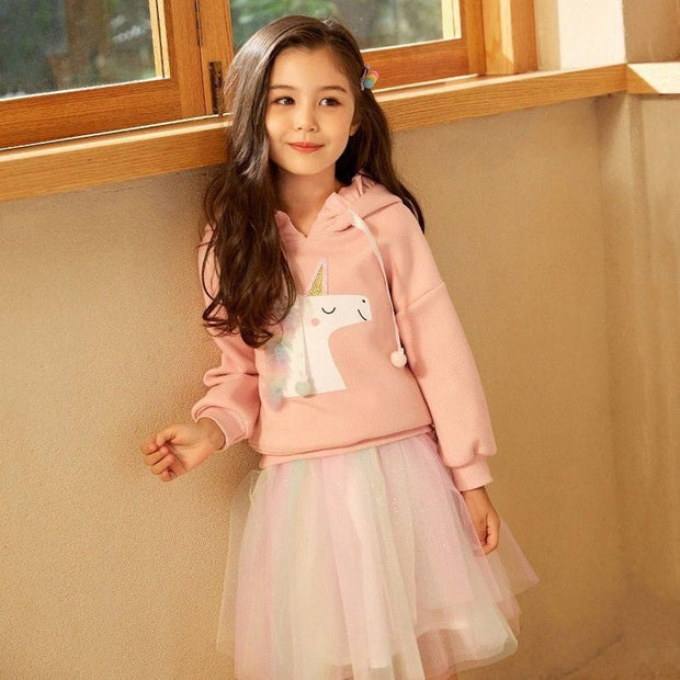 Girls Autumn Fashion Suit Rainbow Unicorn Mesh 2 Pcs Set - MomyMall pink / 100cm:2-3years