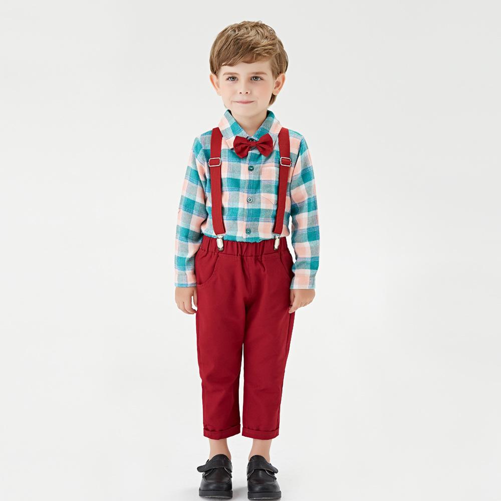 Long Sleeve Plaid Suspender Christmas Baby Boy 2 Pcs Set Suits - MomyMall