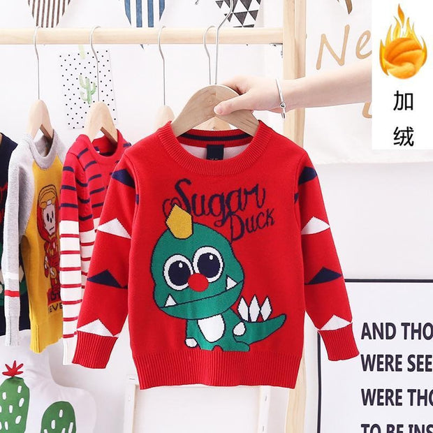 Toddler Kid Boy Sweater Dinosaur Winter Warm Pullover Dinosaur Knitted - MomyMall Plush red / 90cm:1-2years