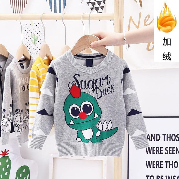 Toddler Kid Boy Sweater Dinosaur Winter Warm Pullover Dinosaur Knitted - MomyMall Cashmere grey / 90cm:1-2years