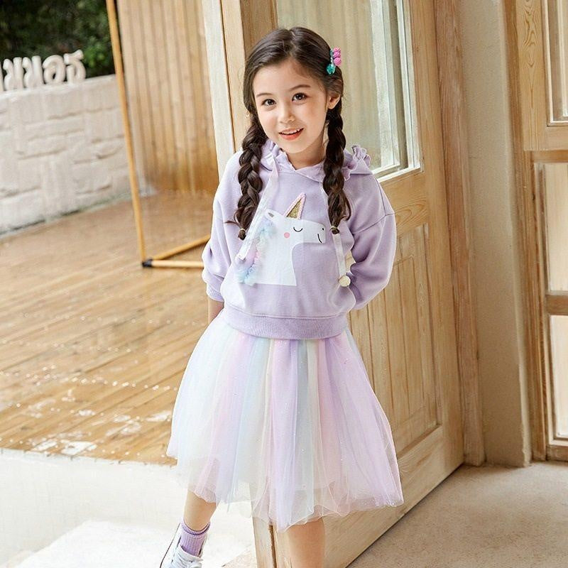 Girls Autumn Fashion Suit Rainbow Unicorn Mesh 2 Pcs Set - MomyMall purple / 100cm:2-3years