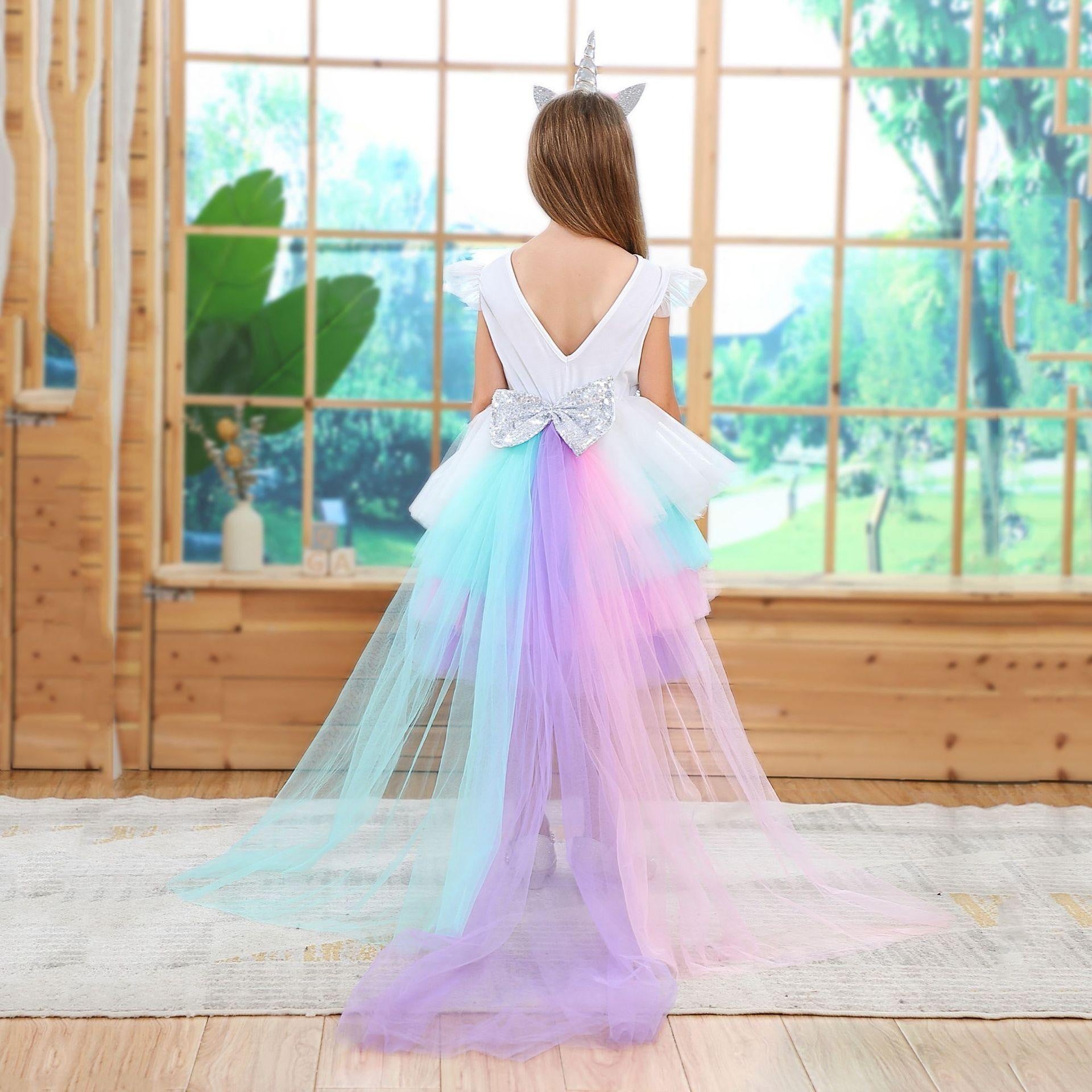 Girls Unicorn Princess Rainbow Mesh Ballet Halloween Christmas Dress - MomyMall