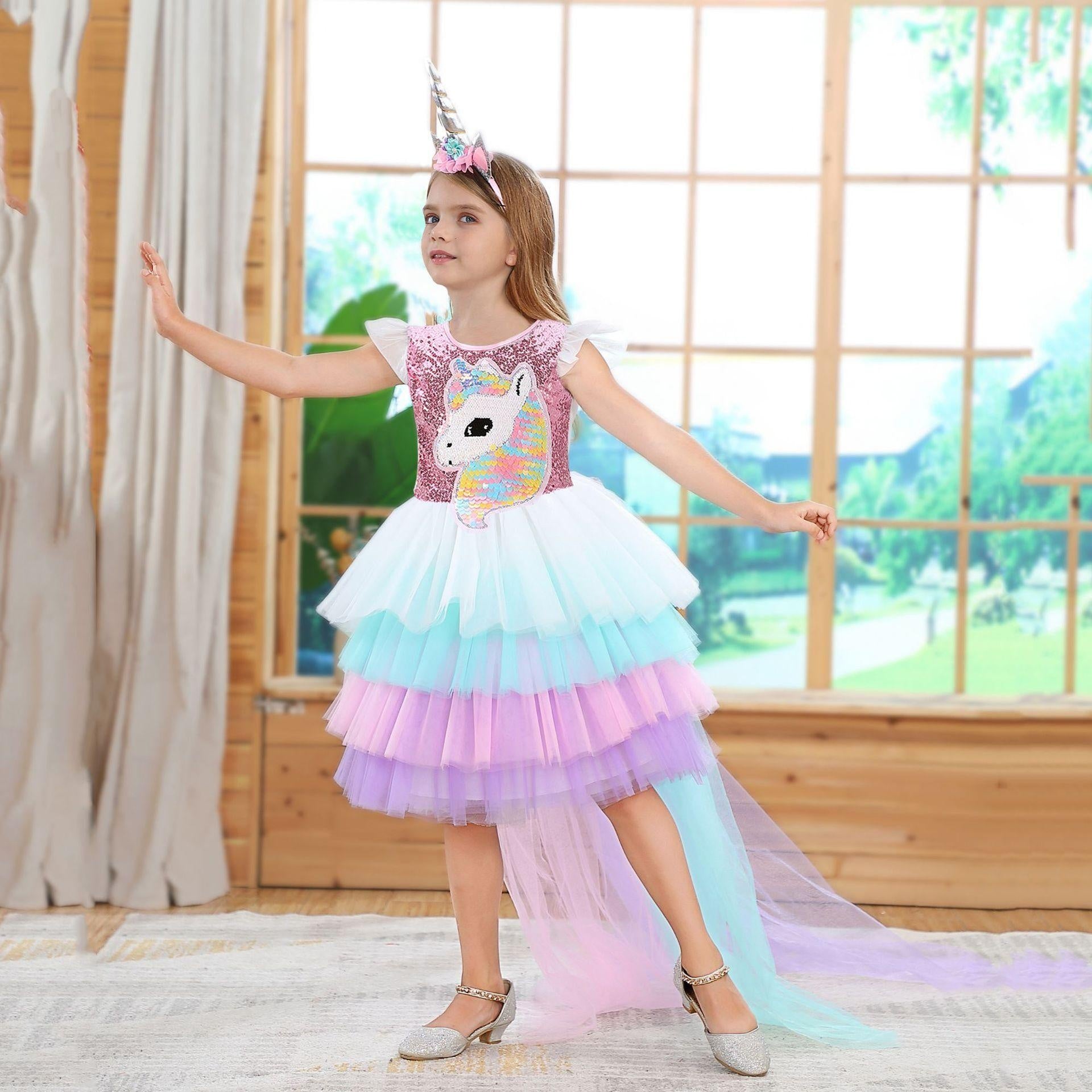 Girls Unicorn Princess Rainbow Mesh Ballet Halloween Christmas Dress - MomyMall pink / 100cm:2-3years