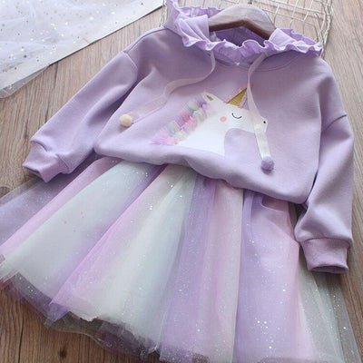 Girls Autumn Fashion Suit Rainbow Unicorn Mesh 2 Pcs Set - MomyMall