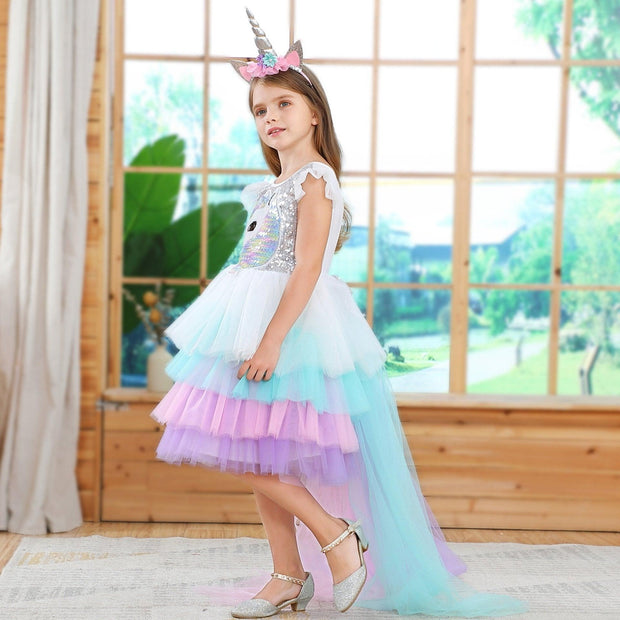 Girls Unicorn Princess Rainbow Mesh Ballet Halloween Christmas Dress - MomyMall white / 100cm:2-3years