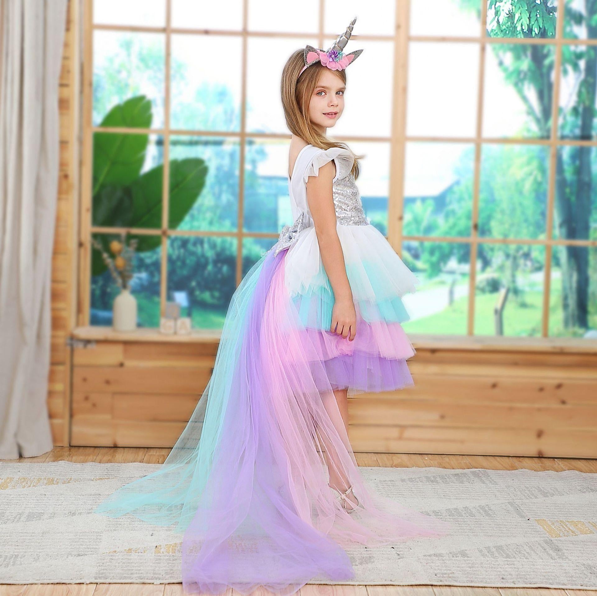 Girls Unicorn Princess Rainbow Mesh Ballet Halloween Christmas Dress - MomyMall