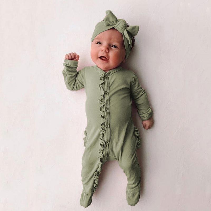 Sweet Solid Printed Fold Edge Long-sleeve Baby Jumpsuit With Headband - MomyMall