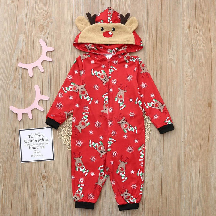 Family Christmas Pajamas Fashion Cute Hooded Jumpsuit Sleepwear Outfits - MomyMall Red / Baby 0-3M