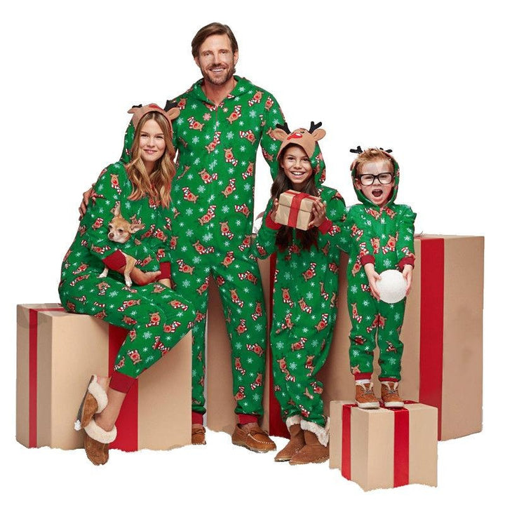 Family Christmas Pajamas Fashion Cute Hooded Jumpsuit Sleepwear Outfits - MomyMall Green / Mom S
