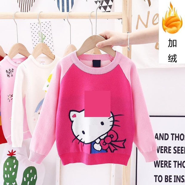 Girls Classic Cartoon Cat New Plus-on Line Pullover Shirt - MomyMall Red 2 / 100cm:2-3years