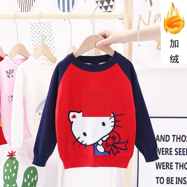 Girls Classic Cartoon Cat New Plus-on Line Pullover Shirt - MomyMall Red 1 / 100cm:2-3years