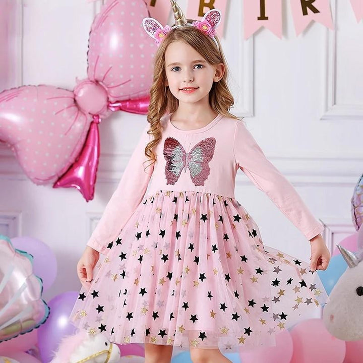 Kids Girls Autumn Dress Butterfly Sequins Princess Dresses 2- 8 Years - MomyMall Pink / 2-3 Years