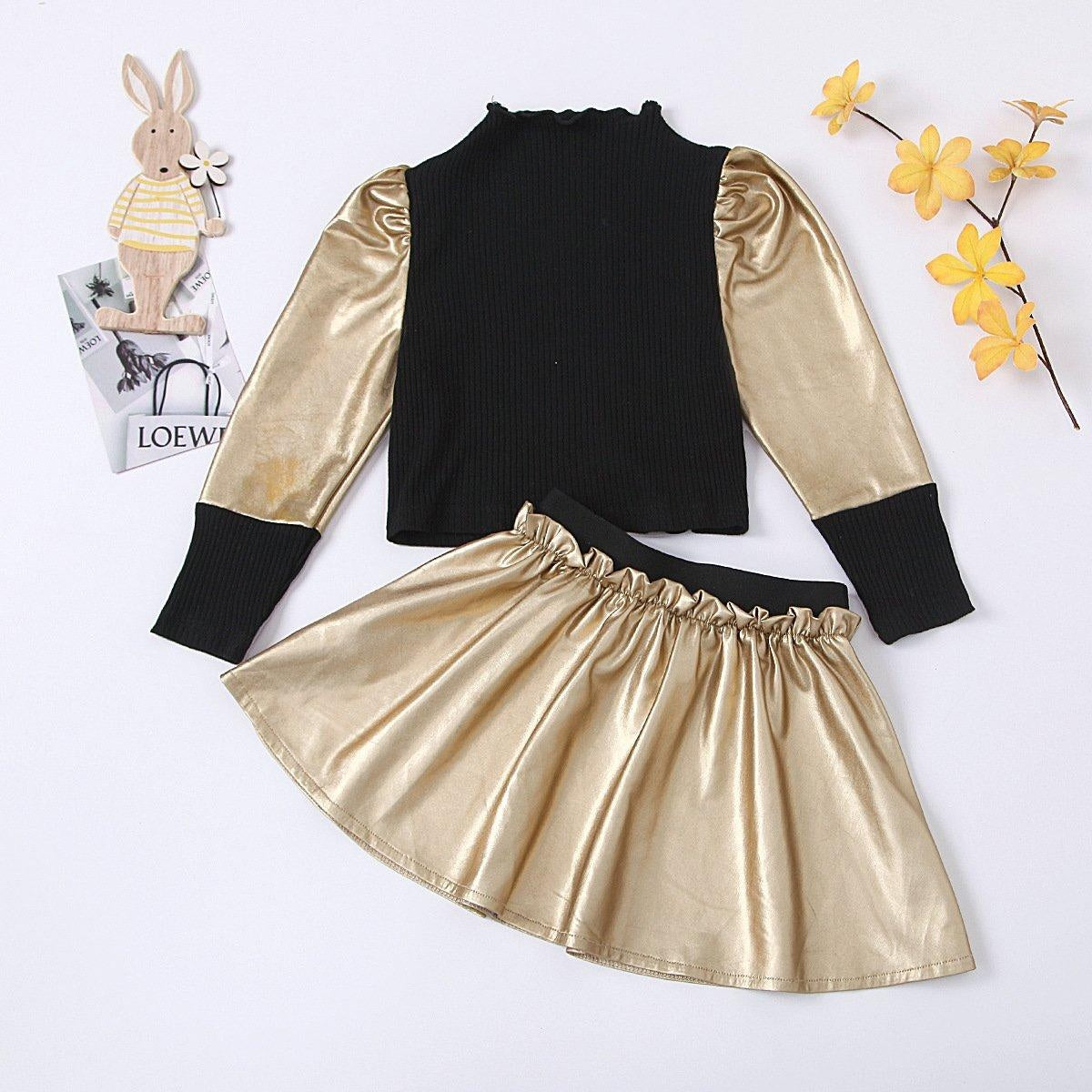 Girl Knitting Long Sleeve Ruffle Patchwork 2pcs Suit