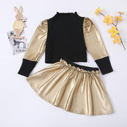 Girl Knitting Long Sleeve Ruffle Patchwork 2pcs Suit