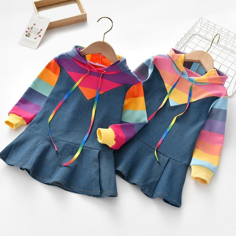 Autumn New Little Girl Rainbow Denim Dress - MomyMall