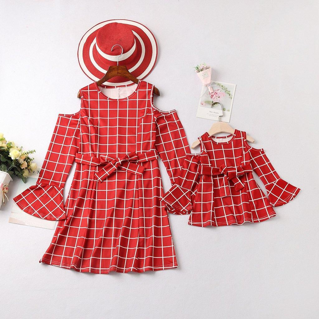 Family Matching Printed Mother Daughter Plaid Dresses