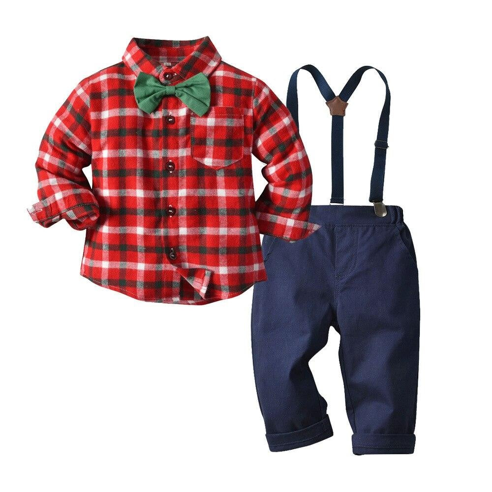 Kids Boys Plaid Spring and Autumn Long Sleeve 3 Pcs Suit - MomyMall Red / 80cm：6-12months