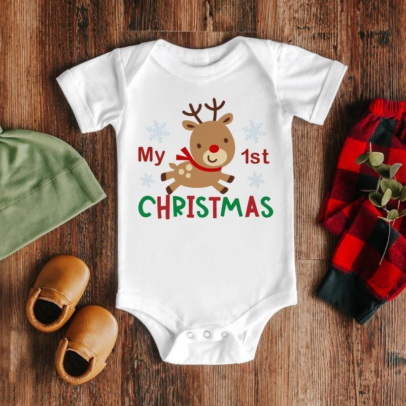 Cute My 1st Christmas Elk Printed Baby Romper