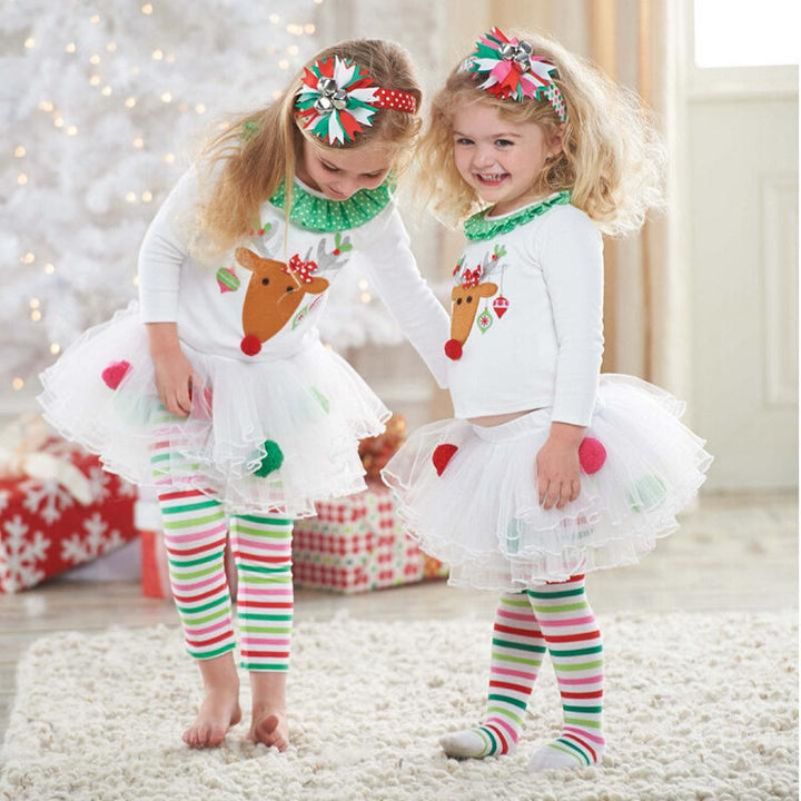 Kids Girl Christmas Moose Print Poncho Striped Suits 2 Pcs - MomyMall white and green / 80cm:6-12months