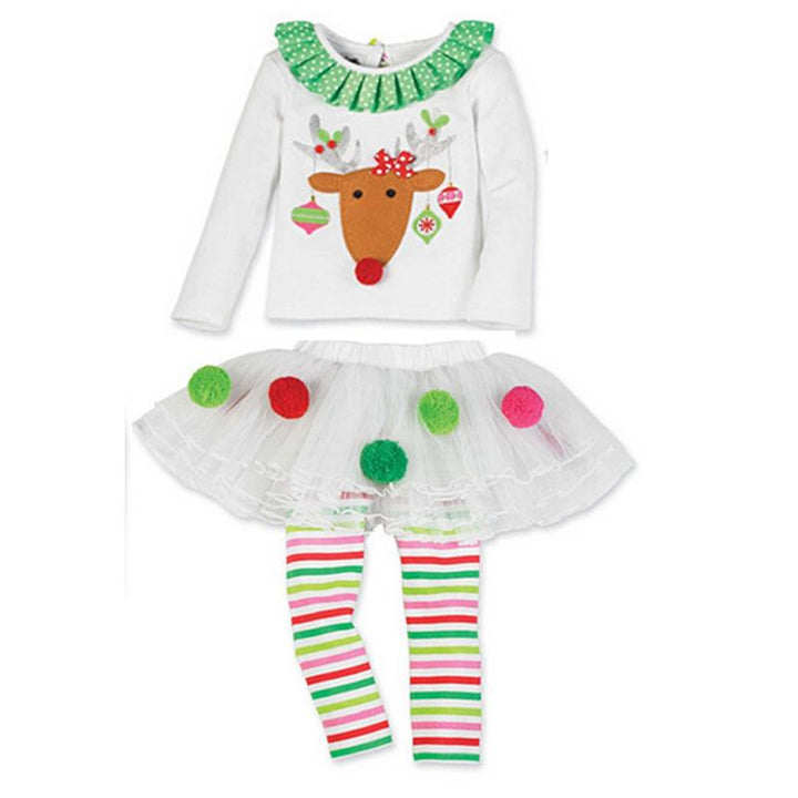 Kids Girl Christmas Moose Print Poncho Striped Suits 2 Pcs - MomyMall