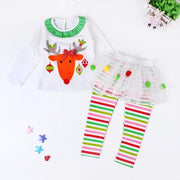 Kids Girl Christmas Moose Print Poncho Striped Suits 2 Pcs - MomyMall