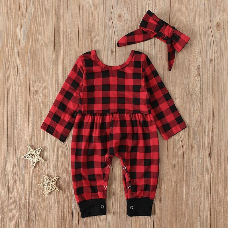 2PCS Lovely Baby Plaid Printed Long Sleeve Jumpsuit - MomyMall