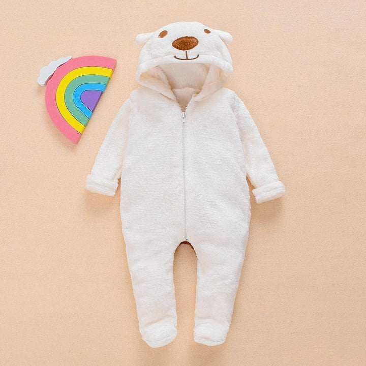 Autumn And Winter Sweet Bear Solid Printed Long-sleeve Baby Hoodie Jumpsuit - MomyMall White / 0-3 Months