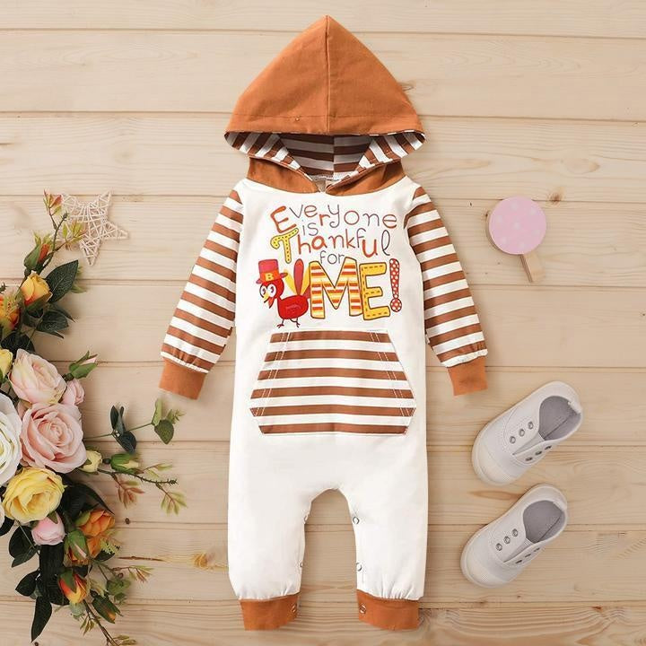 Lovely Everyone Is Thankful For Me Printed Baby Hoodie Jumpsuit - MomyMall Brown / 0-3 Months