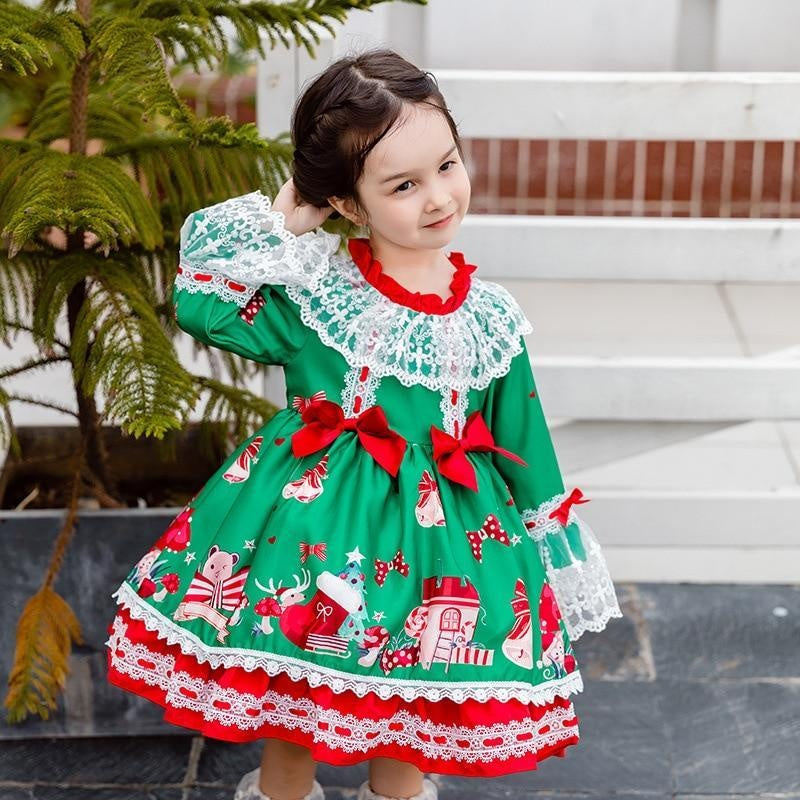 Spanish Girl Christmas Green Dress Party Frocks Lolita Fluffy Dresses 2 Pcs - MomyMall Green / 1-2 Years