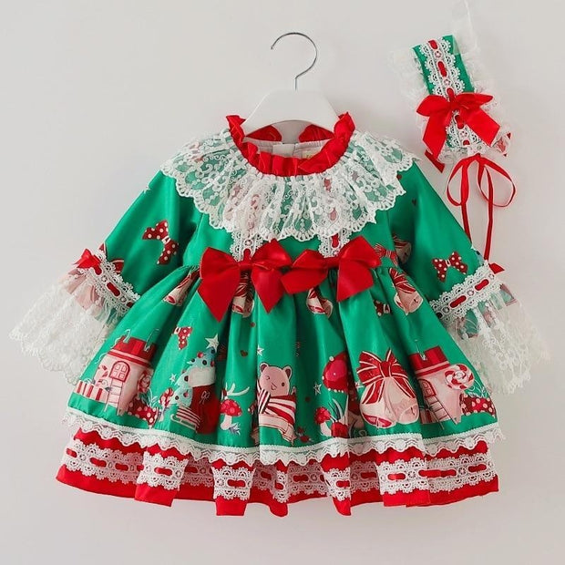Spanish Girl Christmas Green Dress Party Frocks Lolita Fluffy Dresses 2 Pcs - MomyMall