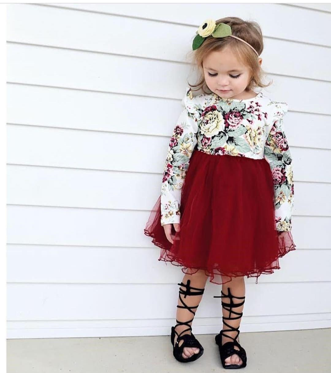 Girls Long Sleeve Flower Tulle Bow Christmas Dresses - MomyMall Red / 12M