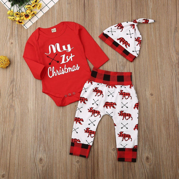 3PCS My 1st Christmas Bear Printed Baby Set