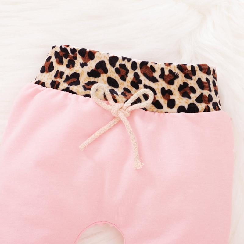 2PCS Baby Girl Soild Leopard Printed  Long Sleeve Hoodie With Pants Baby Clothes Set