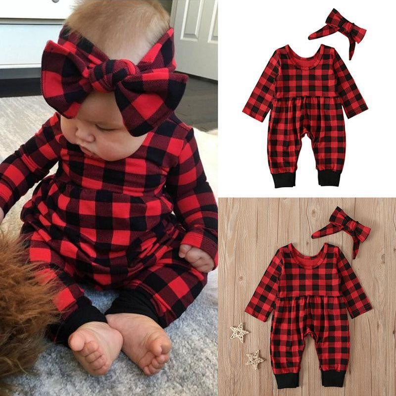 2PCS Lovely Baby Plaid Printed Long Sleeve Jumpsuit - MomyMall