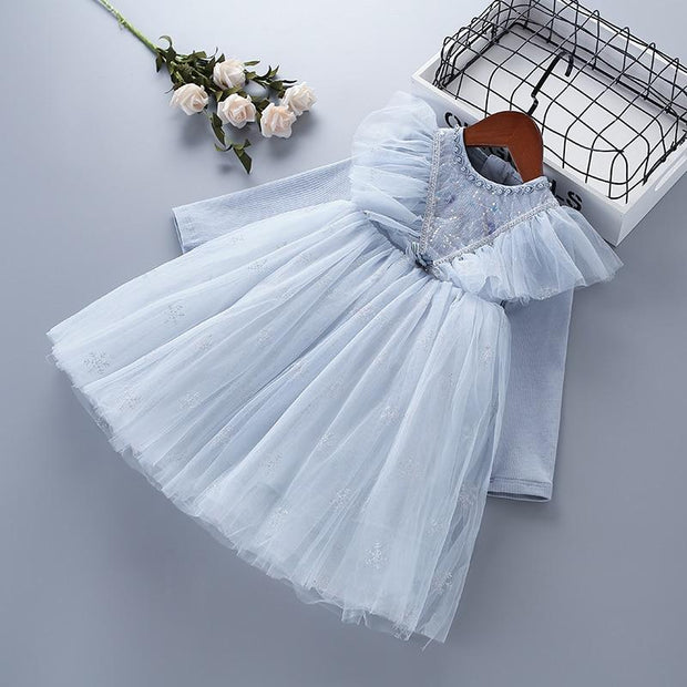 Girl Fashion Casual Dresses Lace Mesh Beading For 3-7 years - MomyMall Blue / 2-3 Years