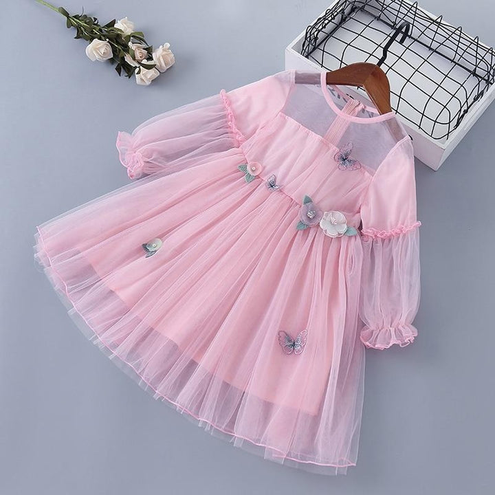 Girl Princess Dres Lace Chiffon Flower Draped Ruched Dresses 3-7 Years - MomyMall Pink / 2-3 Years