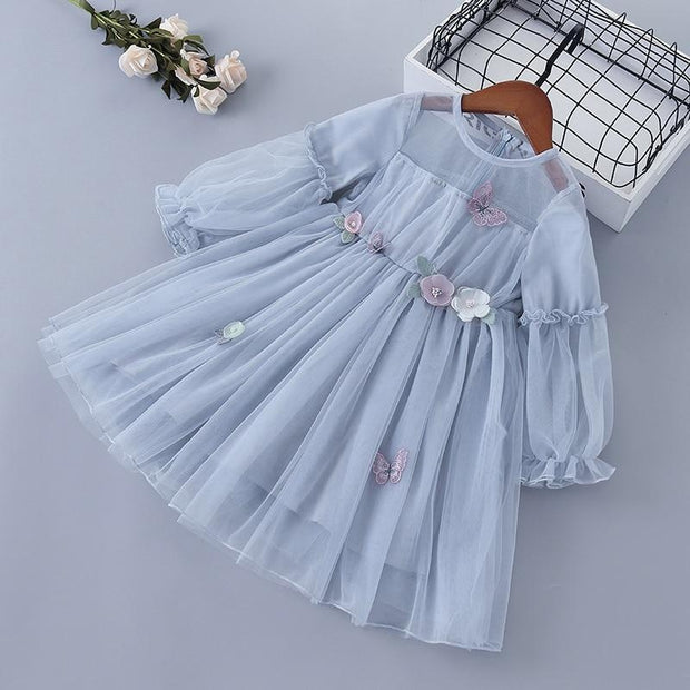 Girl Princess Dres Lace Chiffon Flower Draped Ruched Dresses 3-7 Years - MomyMall Blue / 2-3 Years