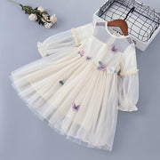 Girl Princess Dres Lace Chiffon Flower Draped Ruched Dresses 3-7 Years - MomyMall Beige / 2-3 Years