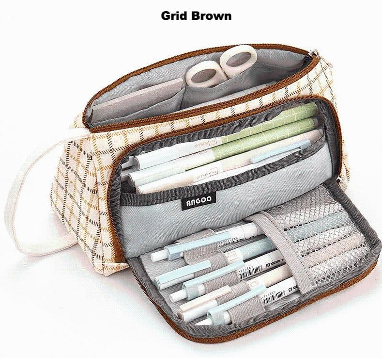 Pouched Stationery Organiser Pencil Case - MomyMall Grid Brown