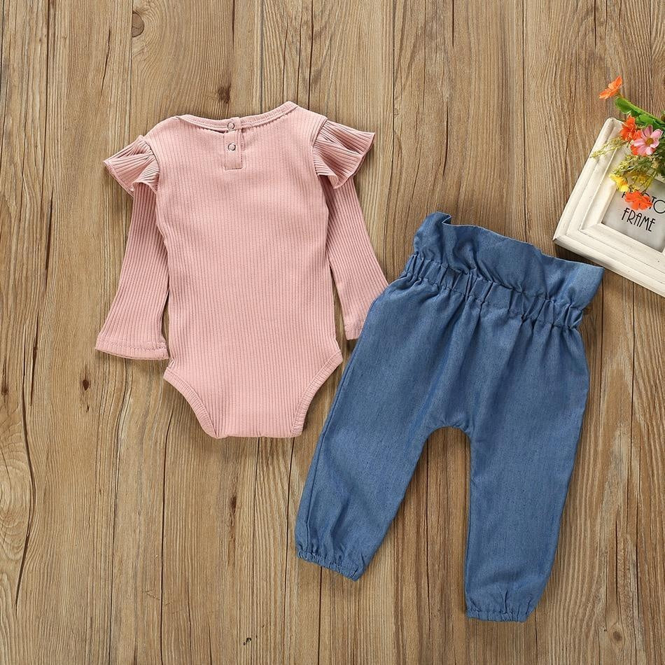 Baby Girl Pink Ruffled Shoulder Romper and Bowknot Pants Set - MomyMall