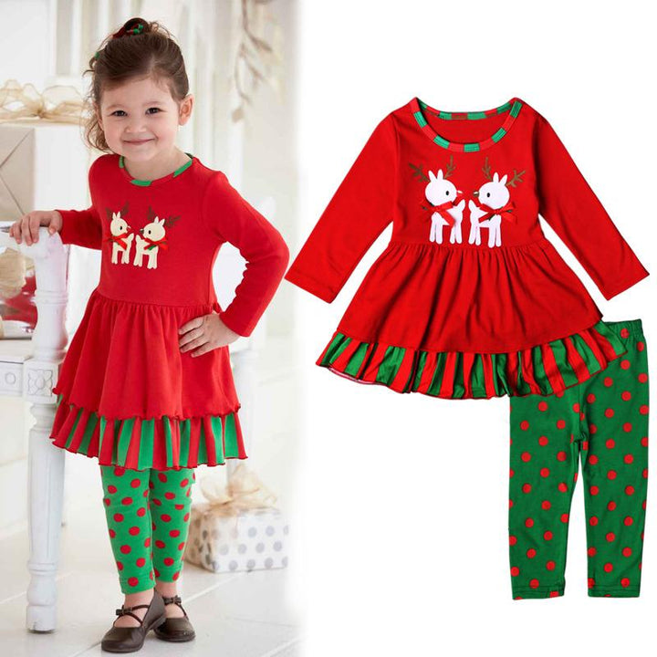 Kids Girl Christmas Deer Long-sleeved Dress+Leggings 2 Pcs - MomyMall Green / 90cm1-2years