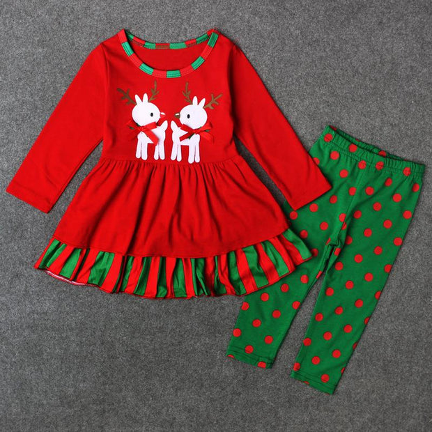 Kids Girl Christmas Deer Long-sleeved Dress+Leggings 2 Pcs - MomyMall