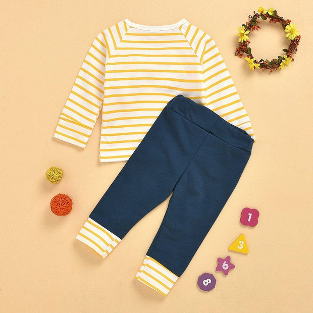 2PCS Baby Girl Round Collar Lace Stripe Printed Top With Lace-up Pants Baby Set