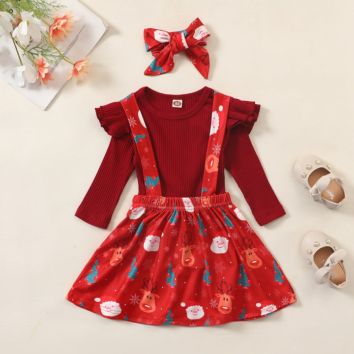 Baby Girl Christmas Long Sleeve Tops+Bowknot Suspender Skirt+Headband 3 Pcs Sets - MomyMall Red / 6-12 Months
