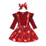 Baby Girl Christmas Long Sleeve Tops+Bowknot Suspender Skirt+Headband 3 Pcs Sets - MomyMall